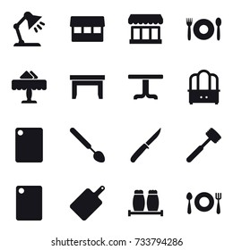 16 vector icon set : table lamp, market, cafe, restaurant, table, dresser, cutting board, big spoon, knife, meat hammer