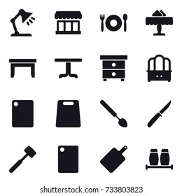 16 vector icon set : table lamp, market, cafe, restaurant, table, nightstand, dresser, cutting board, big spoon, knife, meat hammer