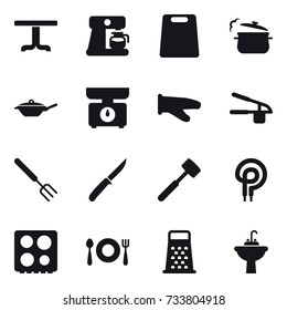 16 vector icon set : table, coffee maker, cutting board, steam pan, pan, kitchen scales, cook glove, garlic clasp, big fork, knife, meat hammer, water tap sink