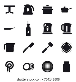 16 vector icon set : table, kettle, pan, saute pan, measuring cup, chef knife, meat hammer