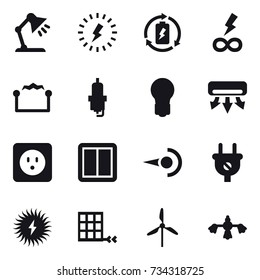 16 vector icon set : table lamp, lightning, battery charge, infinity power, electrostatic, spark plug, bulb, air conditioning, power socket, power switch, windmill, hard reach place cleaning