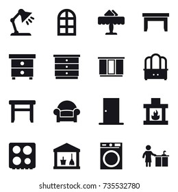 16 vector icon set : table lamp, arch window, restaurant, table, nightstand, chest of drawers, wardrobe, dresser, stool, armchair, door, fireplace, utility room, washing machine, kitchen cleaning