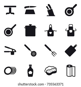 16 vector icon set : table, cutting board, stands for knives, pan, apron, garlic clasp, skimmer, big fork, sponge with foam, paper towel