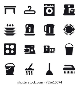 16 vector icon set : table, hanger, washing machine, coffee maker, plate washing, kettle, bucket, foam bucket, vacuum cleaner, plunger, brush