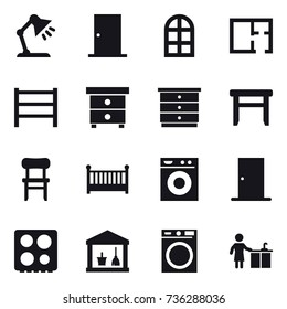 16 vector icon set : table lamp, door, arch window, plan, nightstand, chest of drawers, stool, chair, crib, washing machine, utility room, kitchen cleaning