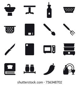 16 vector icon set : table, kolander, colander, kitchen scales, big spoon, big fork, knife, cutting board, hot pepper, dish cleanser