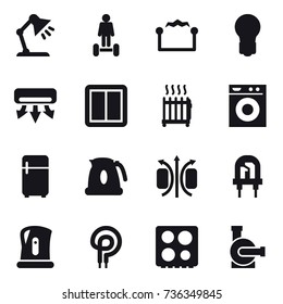 16 vector icon set : table lamp, hoverboard, electrostatic, bulb, air conditioning, power switch, radiator, washing machine, fridge, kettle, water pump