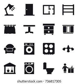 16 vector icon set : table lamp, door, plan, curtain, table, nightstand, wardrobe, armchair, washing machine, hard reach place cleaning, utility room, toilet, kitchen cleaning