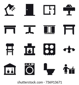 16 vector icon set : table lamp, door, plan, restaurant, table, wardrobe, stool, chair, fireplace, hard reach place cleaning, utility room, washing machine, toilet, kitchen cleaning