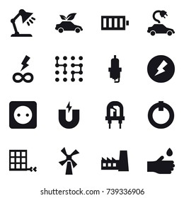 16 vector icon set : table lamp, eco car, battery, electric car, infinity power, chip, spark plug, electricity, power socket, windmill, factory, hand drop