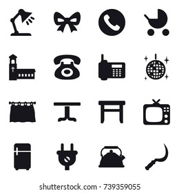 16 vector icon set : table lamp, bow, phone, baby stroller, church, disco ball, curtain, table, stool, tv, fridge, kettle, sickle