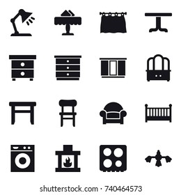 16 vector icon set : table lamp, restaurant, curtain, table, nightstand, chest of drawers, wardrobe, dresser, stool, chair, armchair, crib, washing machine, fireplace, hard reach place cleaning