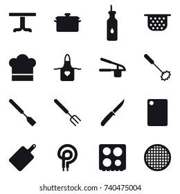 16 vector icon set : table, pan, colander, cook hat, apron, garlic clasp, whisk, spatula, big fork, knife, cutting board
