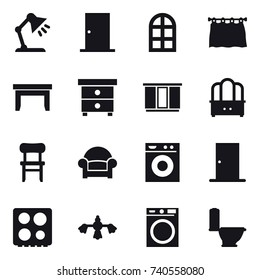 16 vector icon set : table lamp, door, arch window, curtain, table, nightstand, wardrobe, dresser, chair, armchair, washing machine, hard reach place cleaning, toilet