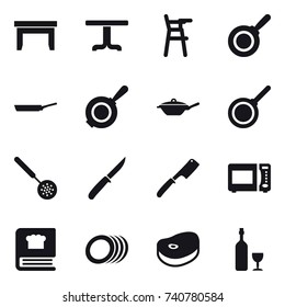 16 vector icon set : table, Chair for babies, pan, skimmer, knife, chef knife, wine