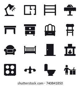 16 vector icon set : table lamp, plan, restaurant, table, nightstand, dresser, chair, armchair, crib, door, fireplace, hard reach place cleaning, toilet, kitchen cleaning