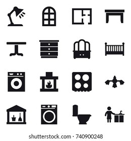 16 vector icon set : table lamp, arch window, plan, table, chest of drawers, dresser, crib, washing machine, fireplace, hard reach place cleaning, utility room, toilet, kitchen cleaning