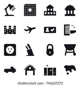 16 vector icon set : table lamp, cpu, cottage, goverment house, palace, check in, hotel, power socket, stands for knives, pickup, barn, clean  window, spot