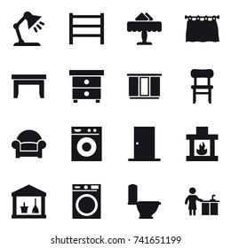 16 vector icon set : table lamp, restaurant, curtain, table, nightstand, wardrobe, chair, armchair, washing machine, door, fireplace, utility room, toilet, kitchen cleaning