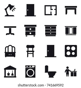 16 vector icon set : table lamp, door, plan, table, nightstand, chest of drawers, wardrobe, dresser, chair, utility room, washing machine, toilet, kitchen cleaning
