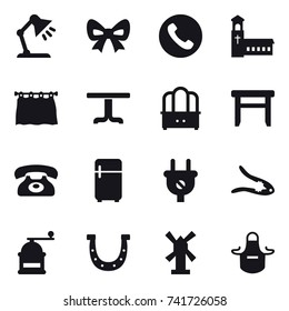 16 vector icon set : table lamp, bow, phone, church, curtain, table, dresser, stool, fridge, walnut crack, hand mill, horseshoe, windmill, apron