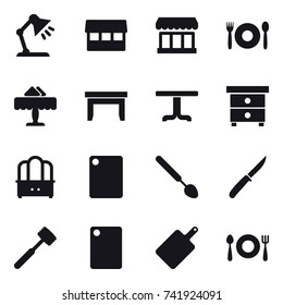 16 vector icon set : table lamp, market, cafe, restaurant, table, nightstand, dresser, cutting board, big spoon, knife, meat hammer