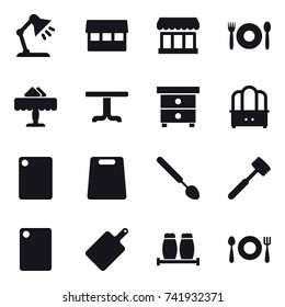 16 vector icon set : table lamp, market, cafe, restaurant, table, nightstand, dresser, cutting board, big spoon, meat hammer