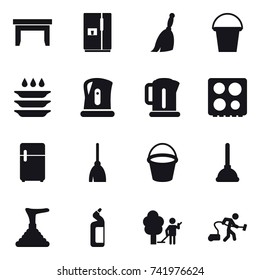 16 vector icon set : table, fridge, broom, bucket, plate washing, kettle, plunger, toilet cleanser, garden cleaning, vacuum cleaner