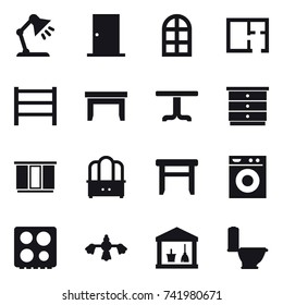 16 vector icon set : table lamp, door, arch window, plan, table, chest of drawers, wardrobe, dresser, stool, washing machine, hard reach place cleaning, utility room, toilet