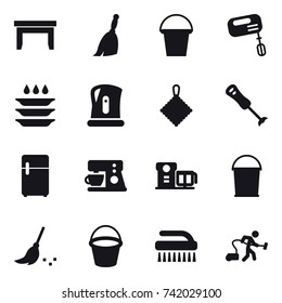 16 vector icon set : table, broom, bucket, mixer, plate washing, kettle, rag, brush, vacuum cleaner
