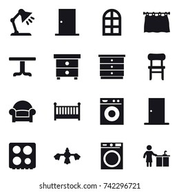 16 vector icon set : table lamp, door, arch window, curtain, table, nightstand, chest of drawers, chair, armchair, crib, washing machine, hard reach place cleaning, kitchen cleaning