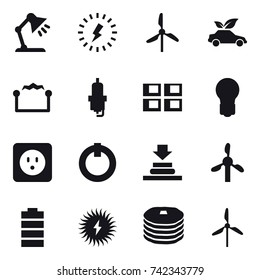 16 vector icon set : table lamp, lightning, windmill, eco car, electrostatic, spark plug, panel house, bulb, power socket