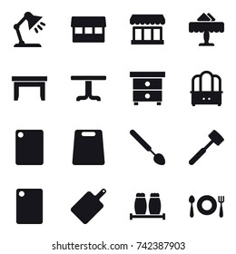 16 vector icon set : table lamp, market, restaurant, table, nightstand, dresser, cutting board, big spoon, meat hammer
