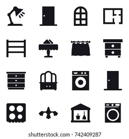 16 vector icon set : table lamp, door, arch window, plan, restaurant, curtain, nightstand, chest of drawers, dresser, washing machine, hard reach place cleaning, utility room