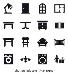 16 vector icon set : table lamp, door, arch window, plan, table, nightstand, wardrobe, stool, chair, armchair, crib, washing machine, hard reach place cleaning, kitchen cleaning