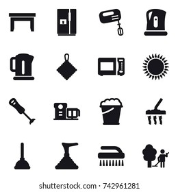 16 vector icon set : table, fridge, mixer, kettle, rag, foam bucket, vacuum cleaner, plunger, brush, garden cleaning