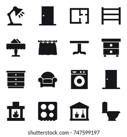 16 vector icon set : table lamp, door, plan, restaurant, curtain, table, nightstand, chest of drawers, armchair, washing machine, fireplace, utility room, toilet