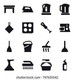 16 vector icon set : table, iron, kettle, rag, broom, foam bucket, vacuum cleaner, plunger, brush, washing powder, toilet cleanser