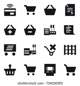 16 vector icon set : tap to pay, cart, basket, account balance, add to basket, remove from basket, store, shopping list, delivery, mall, atm