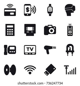 16 Vector Icon Set : Tap To Pay, Phone Pay, Smartwatch, Virtual Mask, Calculator, Atm, Camera, Remote Control, Intercome, Tv, Hair Dryer