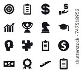 16 vector icon set : target, clipboard, dollar, investment, diagram, trophy, chess horse, graduate hat, bulb head, puzzle, dollar coin, money, medal, stairs