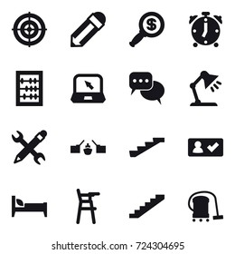 16 vector icon set : target, pencil, dollar magnifier, alarm clock, abacus, notebook, discussion, table lamp, pencil wrench, drawbridge, stairs, check in, bed, Chair for babies, vacuum cleaner