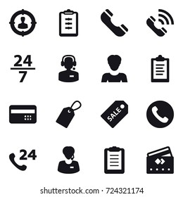 16 vector icon set : target audience, clipboard, phone, call, 24/7, call center, woman, credit card, label, sale label