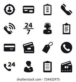 16 vector icon set : target audience, card, clipboard, phone, call, 24/7, call center, credit card, label