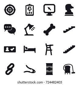 16 vector icon set : target, report, monitor arrow, chess horse, discussion, table lamp, stairs, check in, bed, Chair for babies, walnut crack, vacuum cleaner