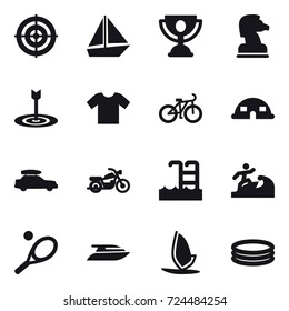 16 vector icon set : target, boat, trophy, chess horse, t-shirt, bike, dome house, car baggage, motorcycle, pool, surfer, tennis, yacht, windsurfing, inflatable pool