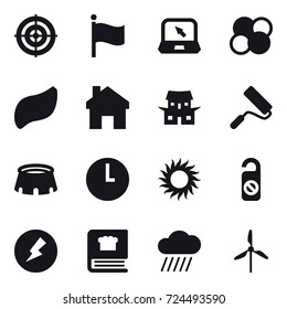 16 vector icon set : target, flag, notebook, atom core, home, japanese house, repair, stadium, sun, do not distrub, electricity, rain cloud, windmill