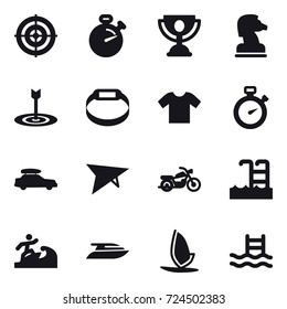 16 vector icon set : target, stopwatch, trophy, chess horse, smart bracelet, t-shirt, car baggage, deltaplane, motorcycle, pool, surfer, yacht, windsurfing
