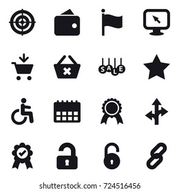 16 vector icon set : target, wallet, flag, monitor arrow, add to cart, delete cart, sale, star, medal, unlocked