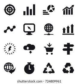 16 vector icon set : target, graph, diagram, monitor arrow, globe connect, graph up, lightning, cloude service, add to cart, singlepost, recycling